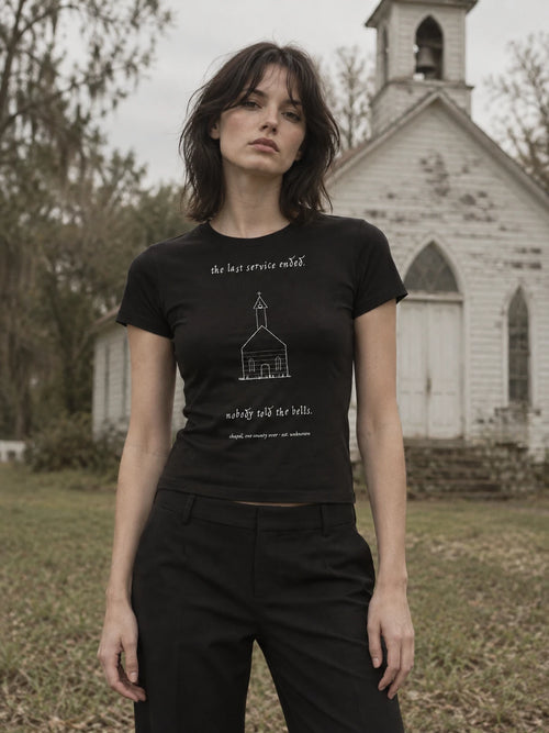 campaign portrait — the chapel baby tee, worn into the record (AI-styled imagery; product photographs follow)