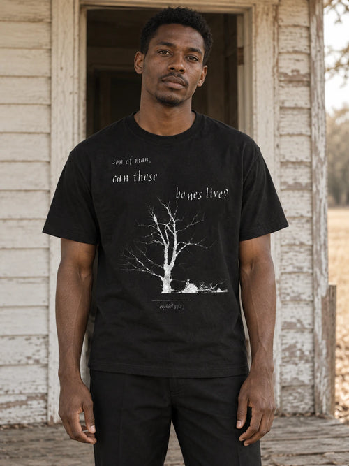 campaign portrait — the scripture tee, worn into the record (AI-styled imagery; product photographs follow)